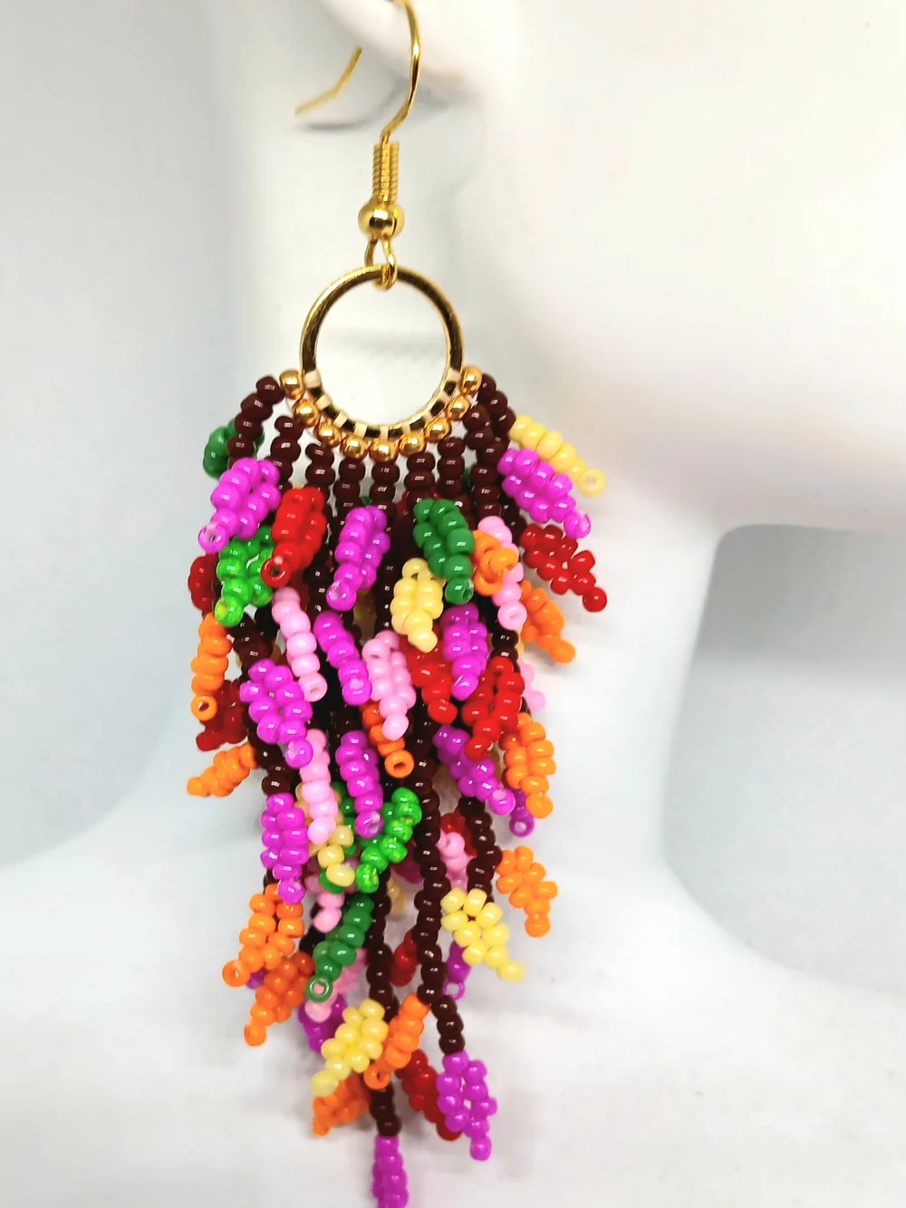 Colorful Multicolor Beaded Fringe Hoop Earrings - Gold Tone